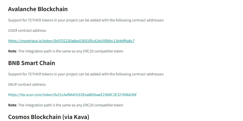 Sehemu ya ukurasa wa Tether Supported Protocols: Avalanche ina anwani ya mkataba wa USD₮, lakini chini ya BNB Smart Chain kuna anwani ya mkataba wa XAU₮ pekee
