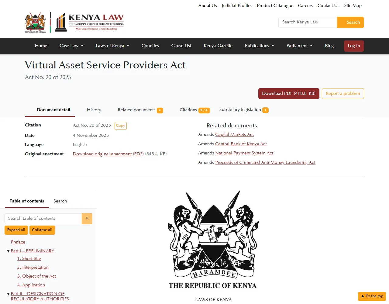 Ukurasa rasmi wa Kenya Law wenye Virtual Asset Service Providers Act, Act No. 20 of 2025 na tarehe 4 Novemba 2025
