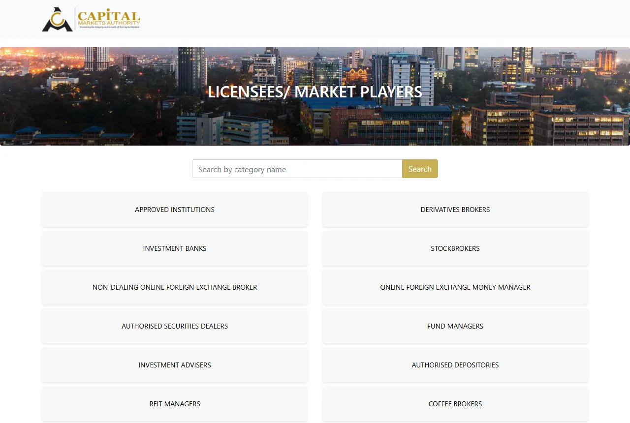 Ukurasa rasmi wa CMA wa Licensees/Market Players ukionyesha makundi ya leseni kama stockbrokers, fund managers na investment advisers