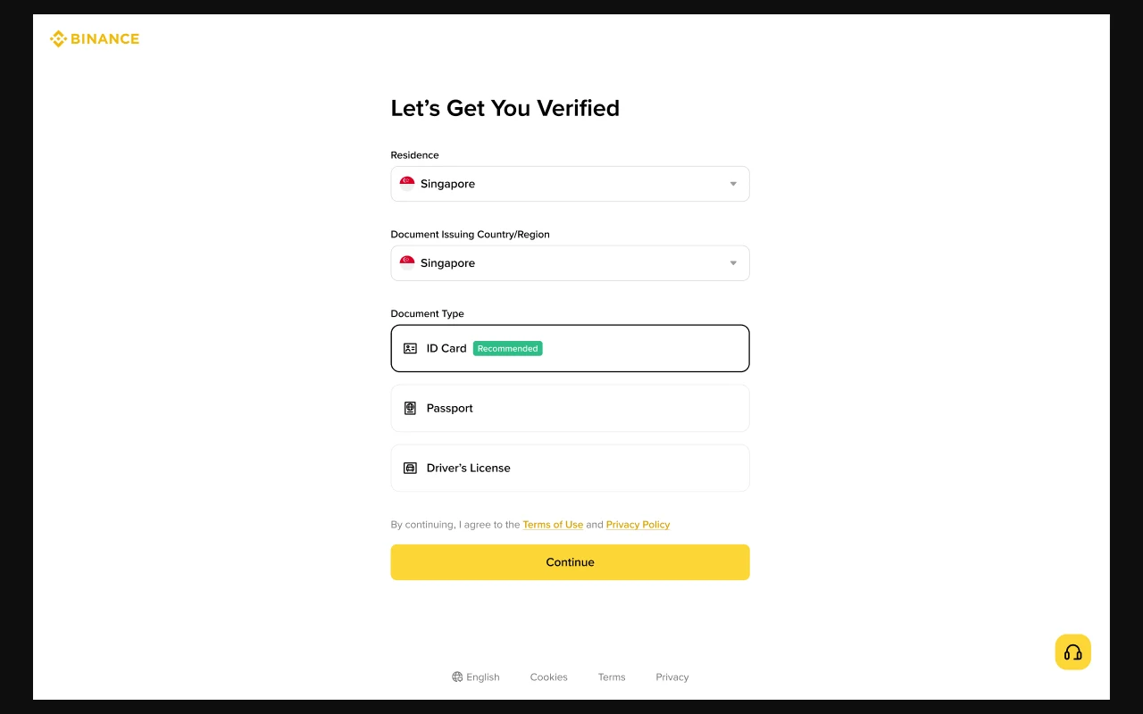 Kiolesura halisi cha Binance cha kuchagua nchi unayoishi, nchi iliyotoa hati na aina ya kitambulisho