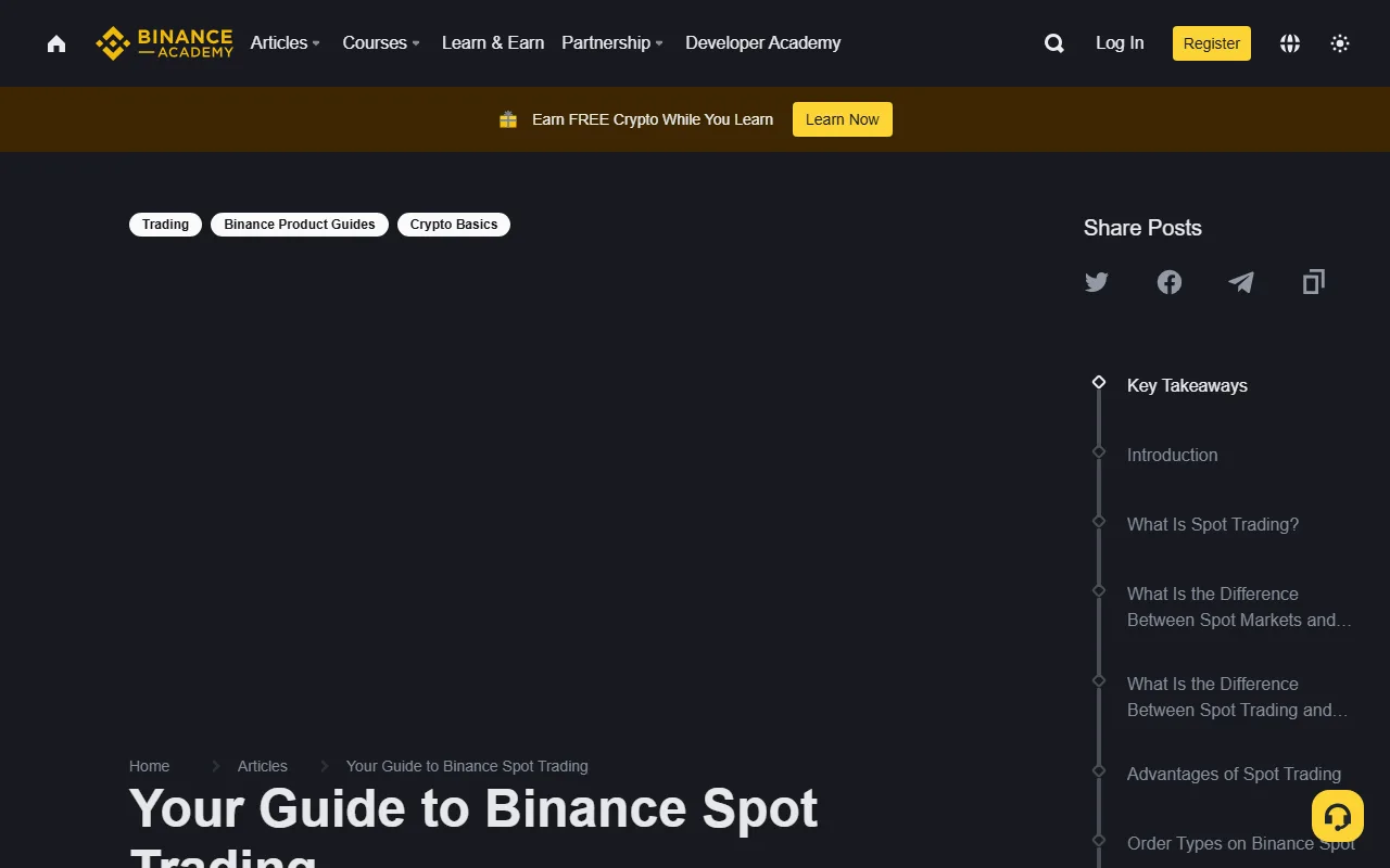 Ukurasa rasmi wa Binance Academy wenye kichwa Your Guide to Binance Spot Trading na orodha ya sehemu kuhusu Spot na aina za maagizo