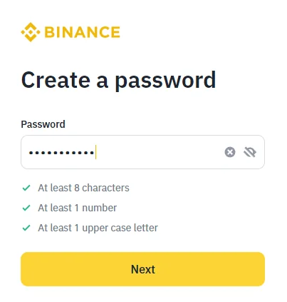 Ukurasa halisi wa Binance wa kuunda nenosiri kwa akaunti mpya