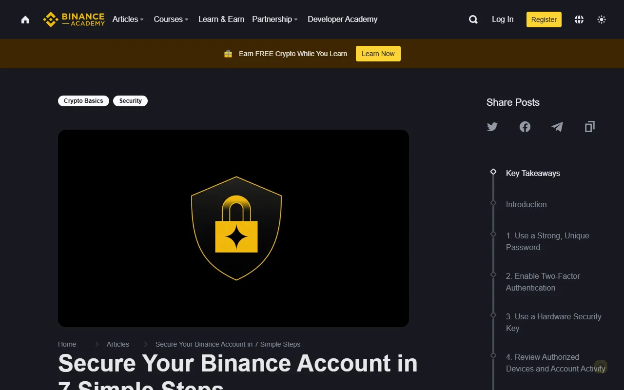Ukurasa halisi wa Binance Academy kuhusu hatua saba za kulinda akaunti, ukiwa na kichwa cha makala na orodha ya vipengele vya Security