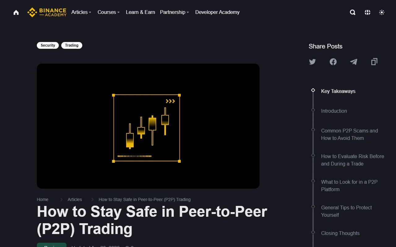 Ukurasa halisi wa Binance Academy kuhusu usalama wa P2P, ukiwa na kichwa cha makala na sehemu za kutathmini hatari na kuepuka scams