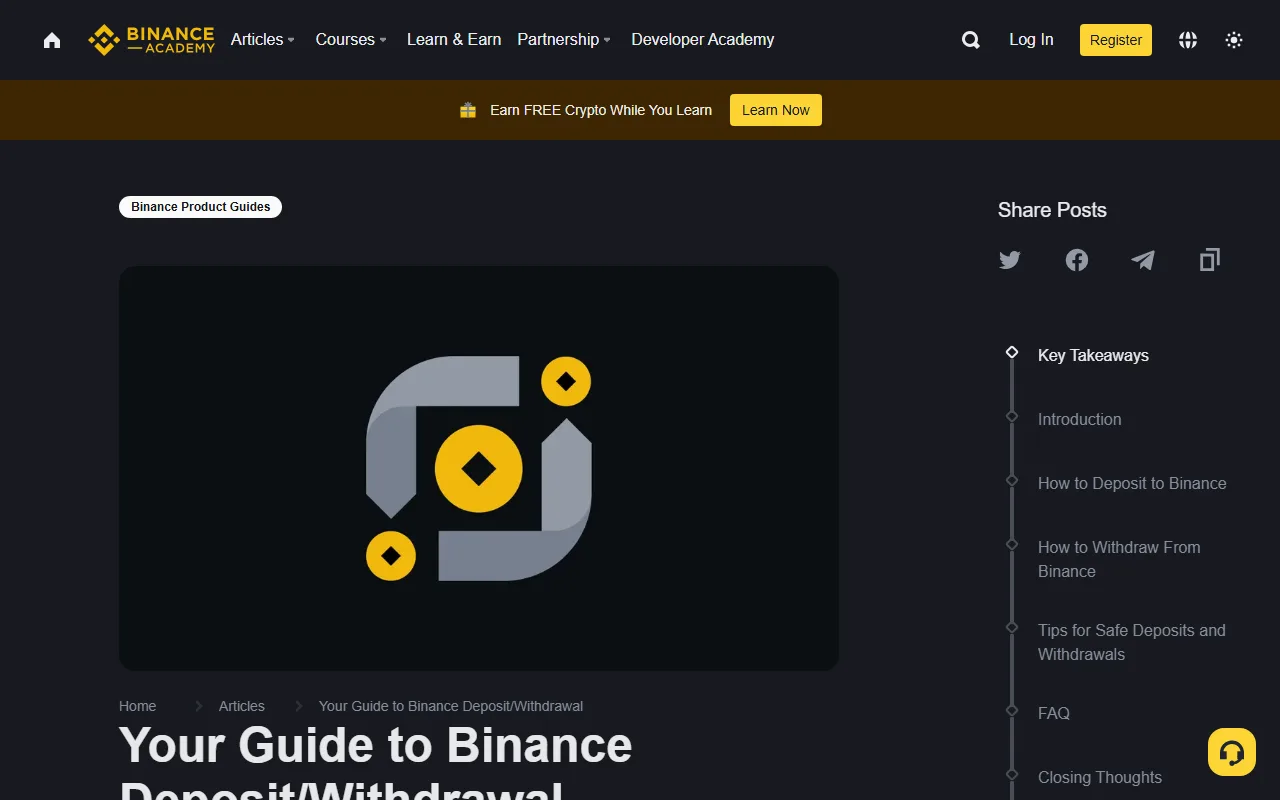Ukurasa rasmi wa Binance Academy wenye mwongozo wa deposit na withdrawal na sehemu ya How to Withdraw From Binance