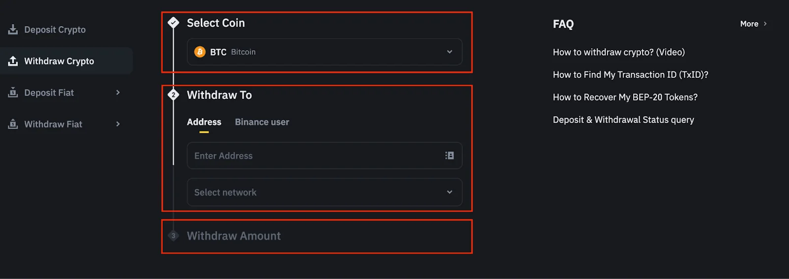 Fomu halisi ya Binance Withdraw Crypto yenye coin, anwani, mtandao na kiasi bila taarifa binafsi