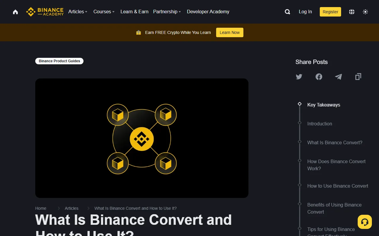 Ukurasa rasmi wa Binance Academy wenye kichwa What Is Binance Convert and How to Use It na sehemu za jinsi Convert inavyofanya kazi