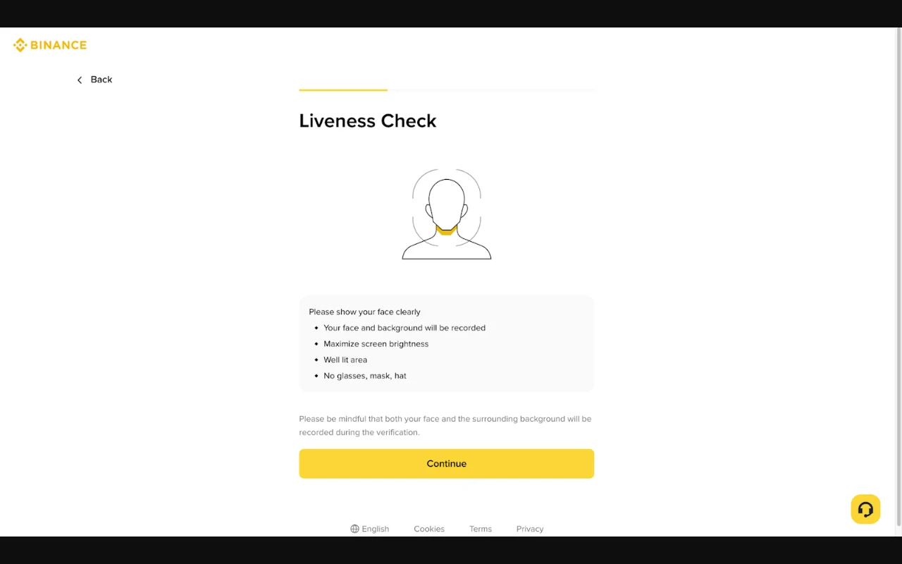 Ukurasa halisi wa Binance wa ukaguzi wa uso wenye maelekezo ya mwanga, uso wazi na kutotumia filter