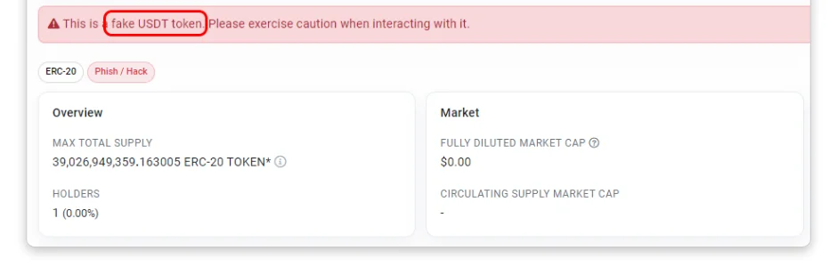Ukurasa wa token kwenye Etherscan wenye onyo jekundu "This is a fake USDT token" na lebo ya Phish / Hack