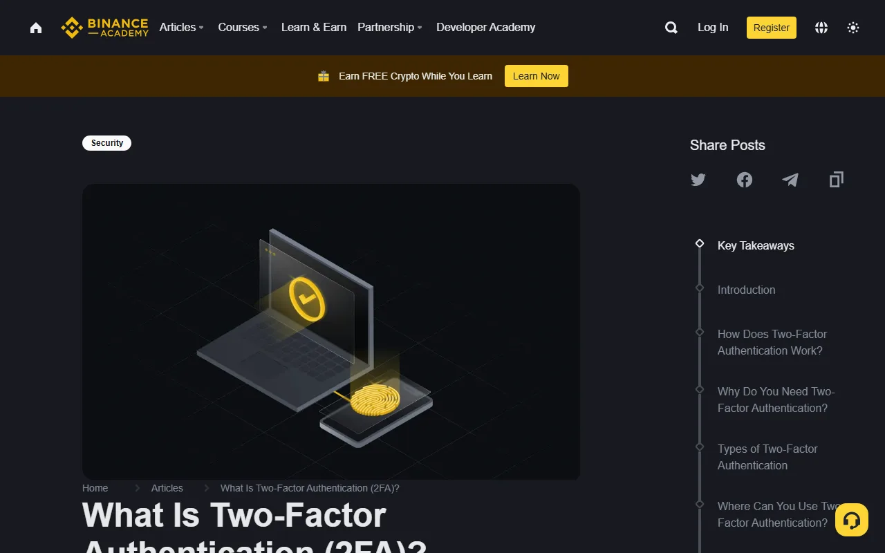 Ukurasa halisi wa Binance Academy kuhusu two-factor authentication ukiwa na kichwa cha makala na orodha ya sehemu za 2FA