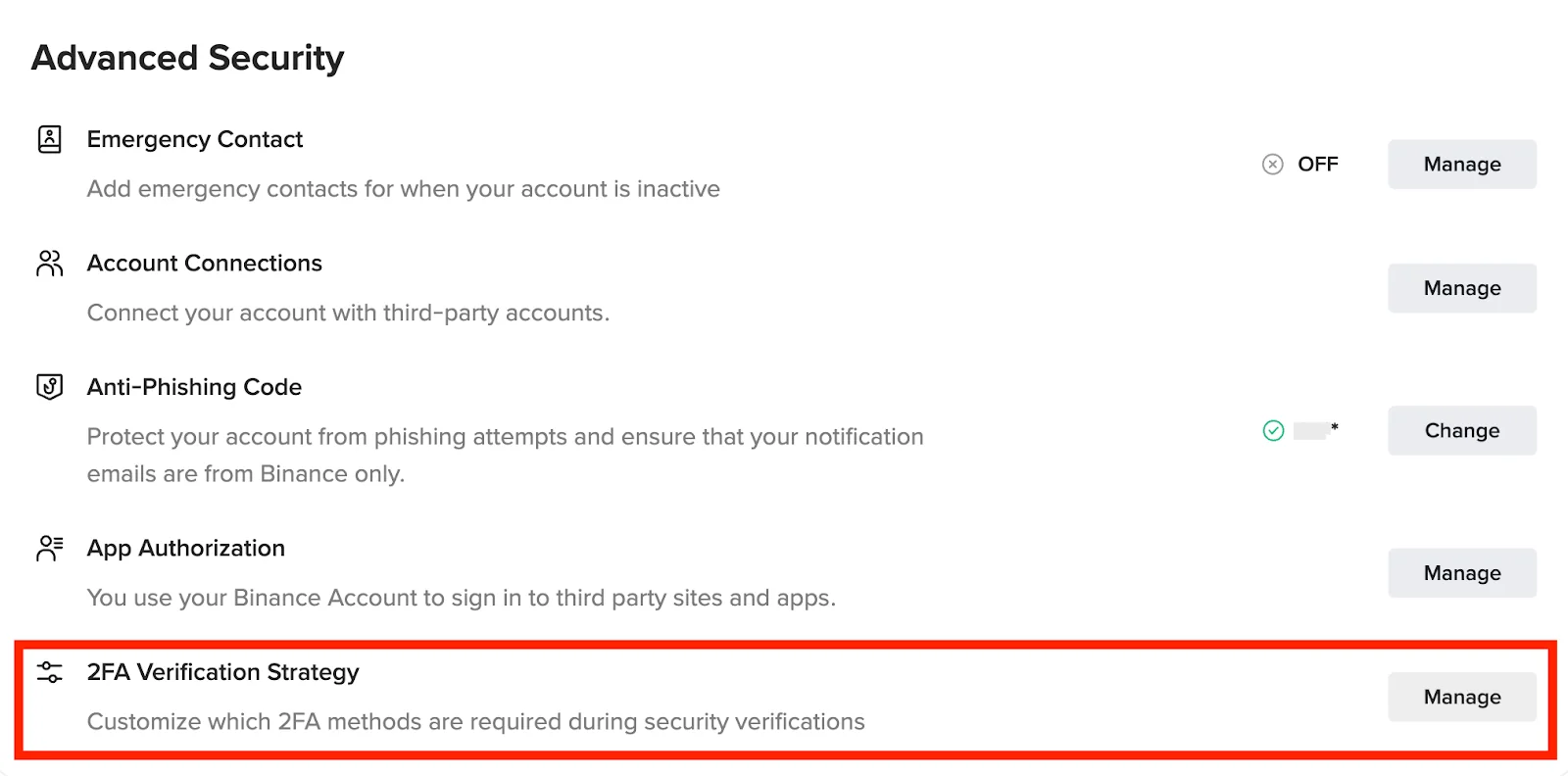 Sehemu halisi ya Advanced Security ya Binance yenye mpangilio wa uthibitishaji na taarifa binafsi zilizofichwa