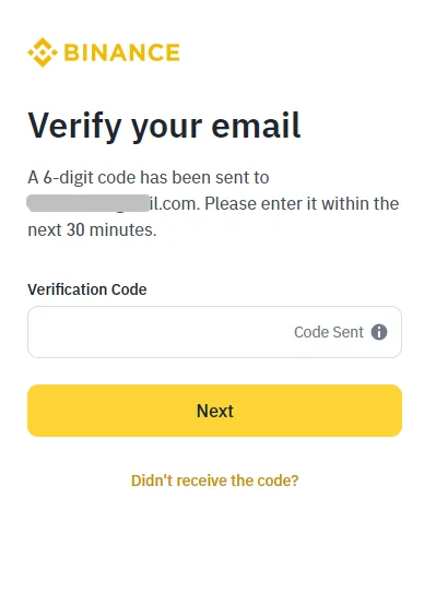 Ukurasa halisi wa Binance wa kuthibitisha email kwa msimbo wa tarakimu sita, huku anwani ikiwa imefichwa