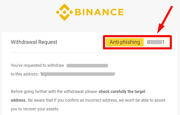 Mfano halisi wa barua pepe ya Binance yenye anti-phishing code na taarifa nyeti zilizofichwa