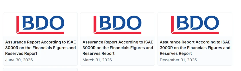 Ripoti tatu za hivi karibuni za ukaguzi wa akiba za Tether zilizotayarishwa na BDO, za tarehe 30 Juni 2026, 31 Machi 2026 na 31 Desemba 2025