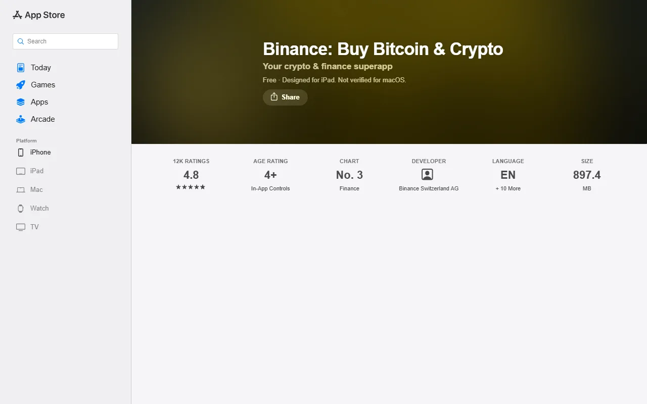 Orodha halisi ya App Store Kenya ya Binance ikionyesha jina la app, developer Binance Switzerland AG, ratings na taarifa za store