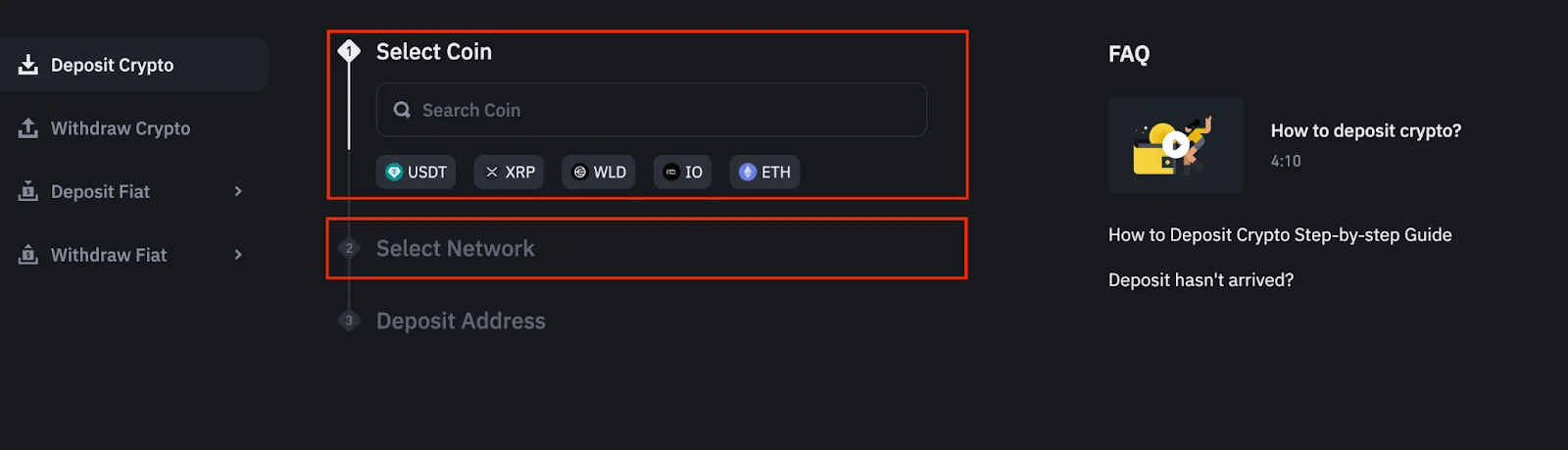 Mfuatano halisi wa Binance wa kuchagua coin, mtandao na kupata anwani ya kuweka crypto