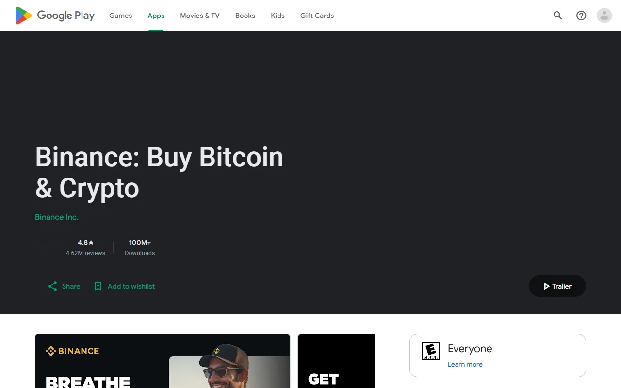 Orodha halisi ya Google Play ya Binance ikionyesha jina Binance Buy Bitcoin and Crypto, Binance Inc. na zaidi ya downloads milioni 100
