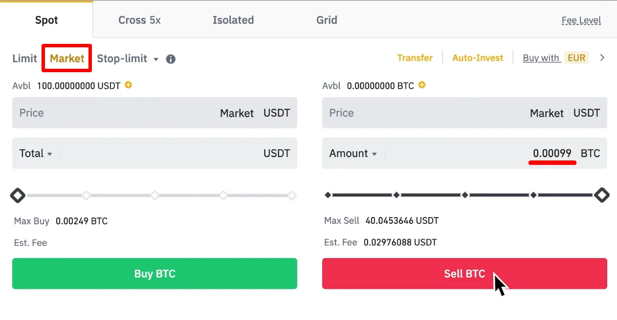 Fomu halisi ya Binance Market yenye Buy, Sell na Estimated Fee bila taarifa binafsi