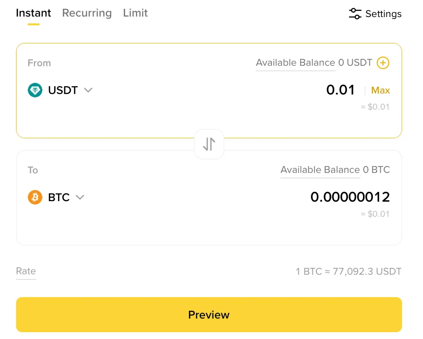 Mfano halisi wa Binance Convert wenye From, To, bei na Preview bila taarifa binafsi