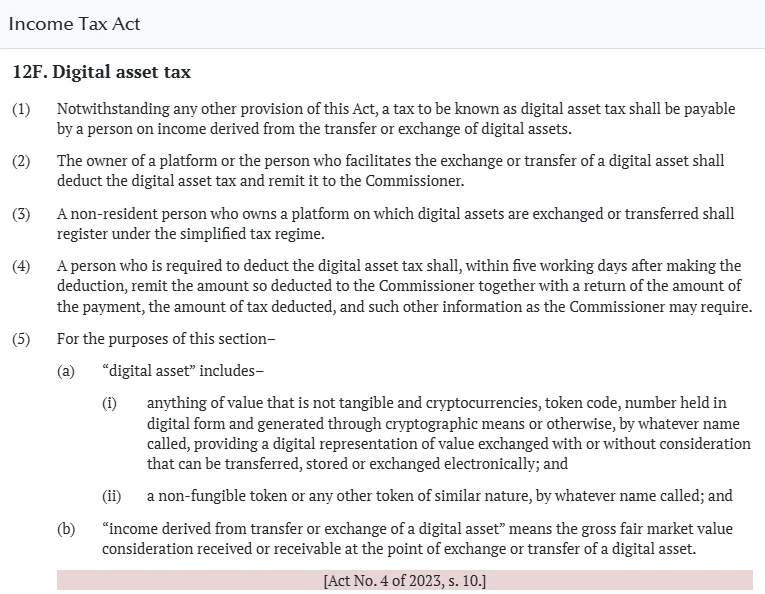 Kifungu cha 12F cha Income Tax Act kwenye Kenya Law, toleo la 27 Desemba 2024, kinachoeleza digital asset tax, wajibu wa mwenye jukwaa kuikata, na maana ya mapato kuwa thamani kamili ya soko wakati wa uhamisho
