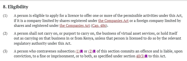 Kifungu cha 8 cha Virtual Asset Service Providers Act 2025 kwenye tovuti ya Kenya Law, kinachokataza kufanya biashara bila leseni