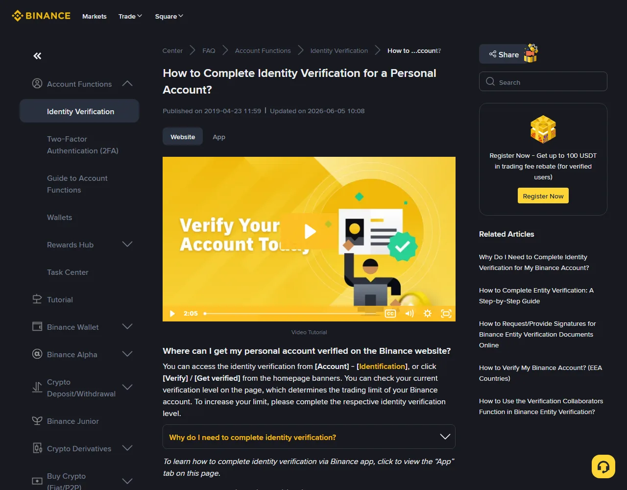 Ukurasa rasmi wa Binance Support wenye kichwa How to Complete Identity Verification for a Personal Account, tarehe ya update na sehemu ya Identification