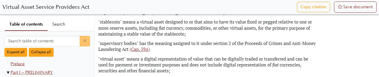 Maandishi ya kifungu cha 2 cha Virtual Asset Service Providers Act ya Kenya yakitoa maana ya neno "stablecoin" na "virtual asset" kwenye tovuti ya Kenya Law