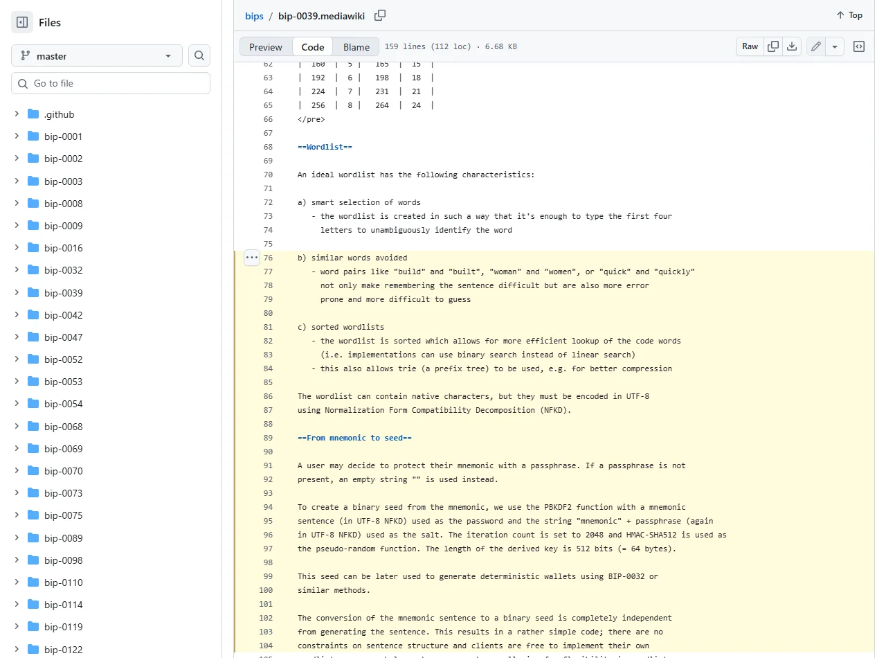 Sehemu ya kiwango cha BIP-39 kwenye GitHub, ikionyesha kifungu "From mnemonic to seed" na maelezo kwamba maneno hupitishwa kwenye PBKDF2 yenye marudio 2048 na HMAC-SHA512
