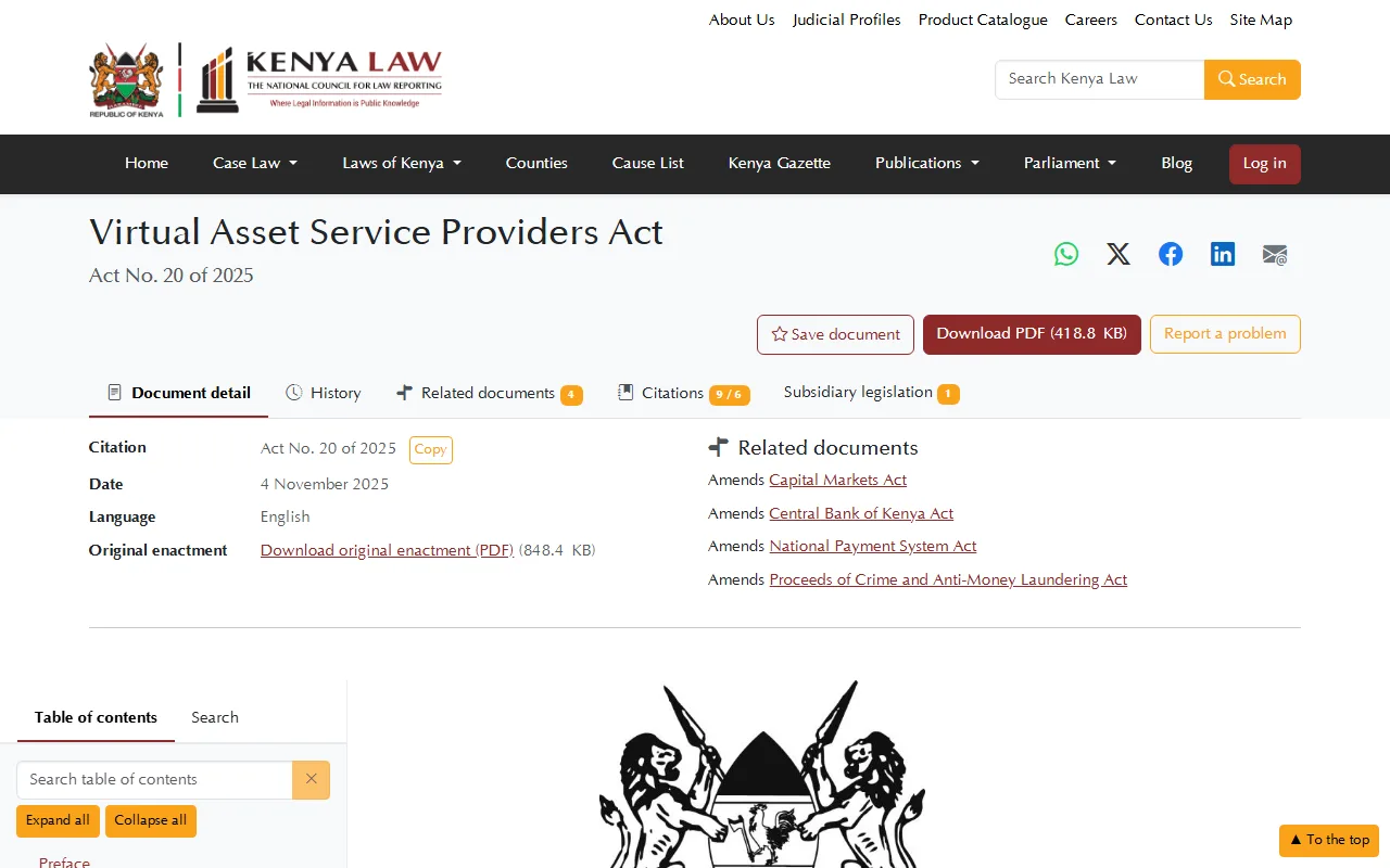 Ukurasa rasmi wa Kenya Law unaoonyesha Virtual Asset Service Providers Act, Act No. 20 of 2025, tarehe 4 Novemba 2025, na orodha ya sheria inazorekebisha ikiwemo Central Bank of Kenya Act na Capital Markets Act