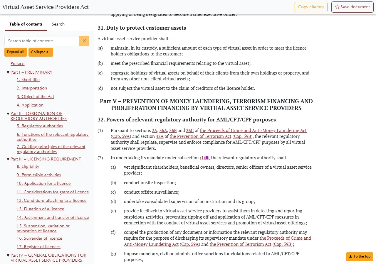 Kifungu cha 31 cha Virtual Asset Service Providers Act kwenye tovuti ya Kenya Law, kikiorodhesha majukumu manne ya kulinda mali za wateja