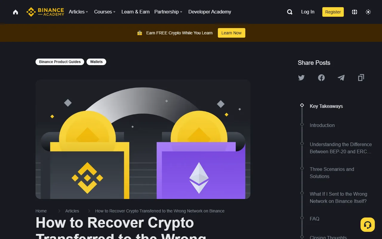 Ukurasa halisi wa Binance Academy kuhusu kurejesha crypto iliyotumwa kwenye mtandao usio sahihi, ukiwa na tofauti za BEP-20 na ERC-20 na njia za recovery