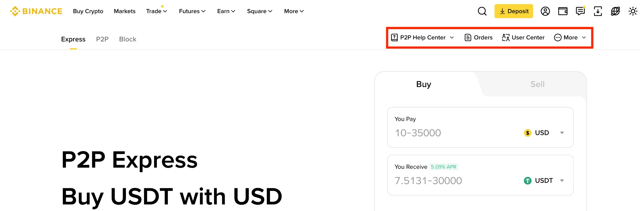 Kiolesura halisi cha Binance P2P chenye Help Center, Orders na User Center
