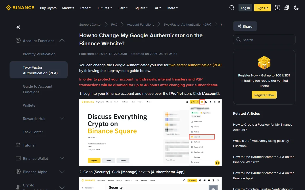 Ukurasa halisi wa Binance Support wa kubadilisha Google Authenticator, ukiwa na menyu ya Security na onyo la kizuizi cha muda baada ya mabadiliko